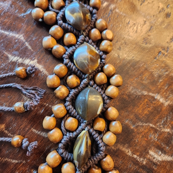 Vintage 70s Macramé Belt Wooden Beads and Tigers Eye Agate 69" BOHO Retro Hippie - Picture 4 of 13